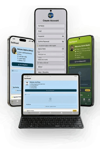 Skoolin app shown across mobile and tablet devices