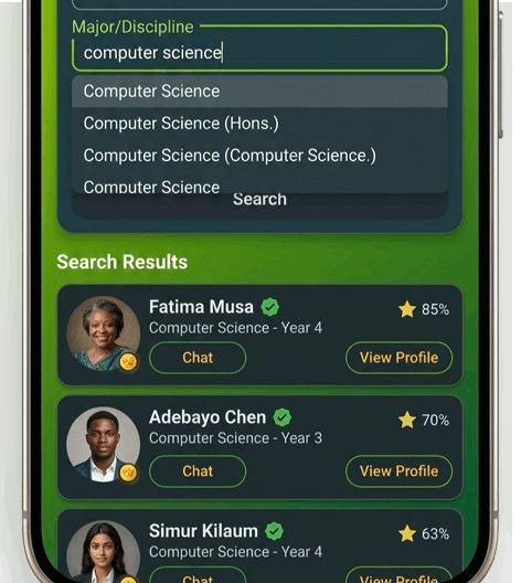 Student chat search results filtered by computer science